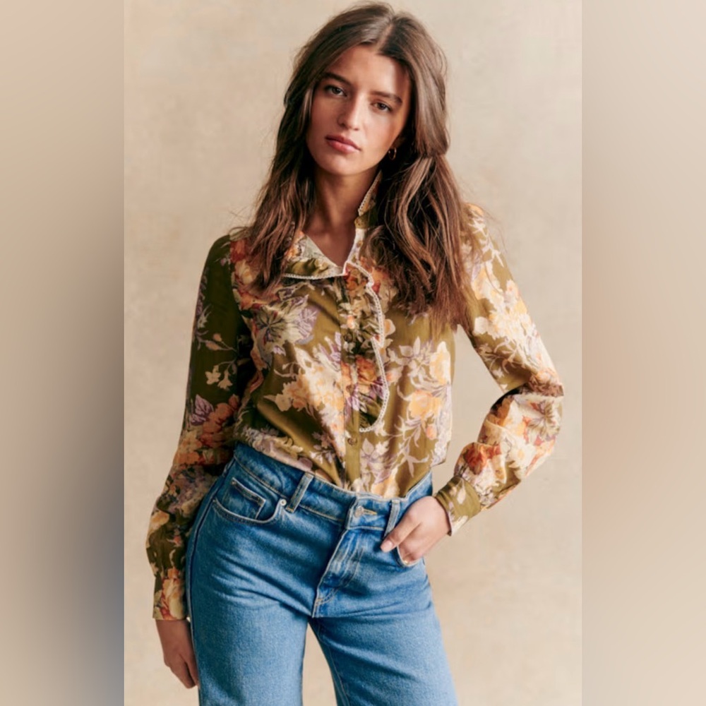 Sezane Chlo Floral Olive Green Cotton Blouse 48 14/16